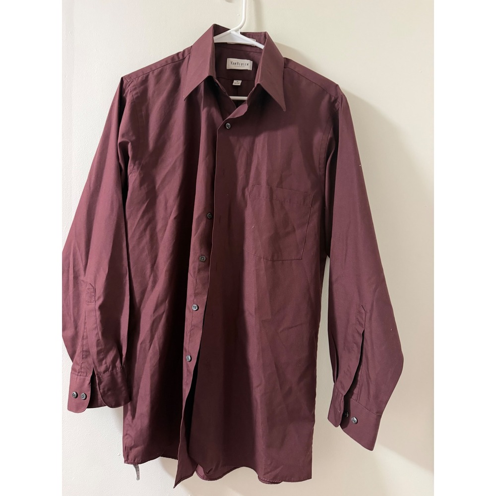 Van Heusen Dress Shirt Mens 15 32/33 Burgundy Good Poplin LS Button Down